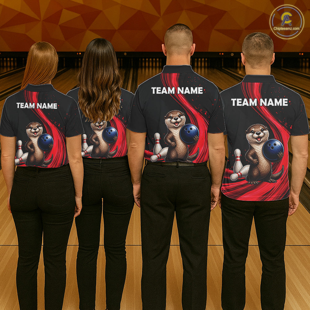 Otter Bowling Shirt Custom Name Black Red Bowling Ball Personalized Team Jersey For Women NHT1273
