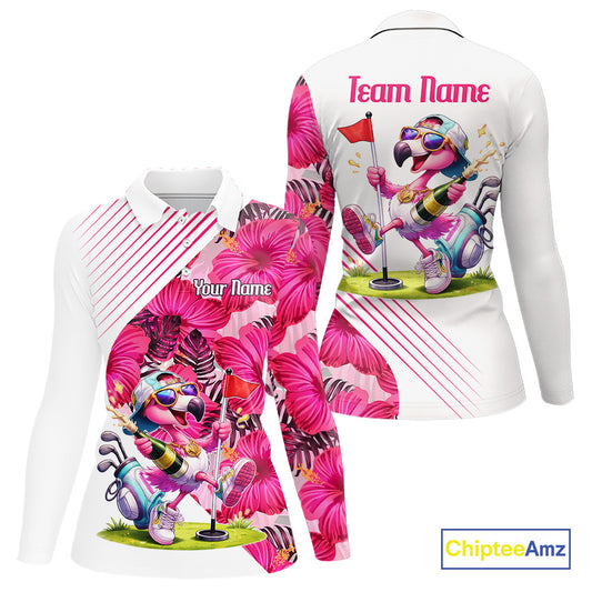 Custom Flamingo Funny Womens Golf Polo Shirt – Personalized Tropical Flower Design NHT595