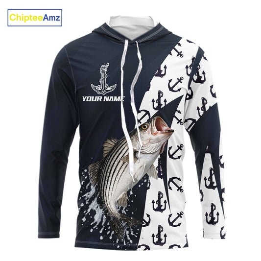 Personalized Striped Bass Hooded  Fishing Shirts Long Sleeve With Pattern Anchor, Fishing Shirt Jersey NHT611