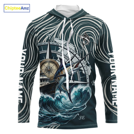 Marlin Fishing Hooded  Long Sleeve Shirt Ocean Wave Compass Design, UV Protection Performance Fishing Apparel NHT613