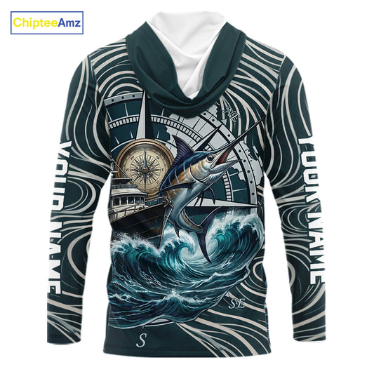 Marlin Fishing Hooded  Long Sleeve Shirt Ocean Wave Compass Design, UV Protection Performance Fishing Apparel NHT613