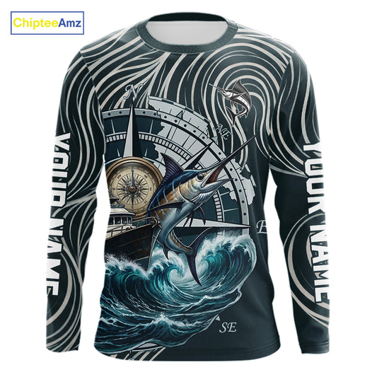 Marlin Fishing Long Sleeve Shirt Ocean Wave Compass Design, UV Protection Performance Fishing Apparel NHT613
