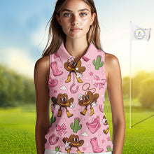 Load image into Gallery viewer, Personalized Women’s Sleeveless Western Polo Shirt Retro Pink Cowgirl Cartoon Pattern Custom Name