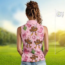 Load image into Gallery viewer, Personalized Women’s Sleeveless Western Polo Shirt Retro Pink Cowgirl Cartoon Pattern Custom Name