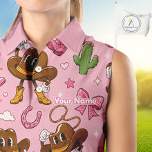 Load image into Gallery viewer, Personalized Women’s Sleeveless Western Polo Shirt Retro Pink Cowgirl Cartoon Pattern Custom Name