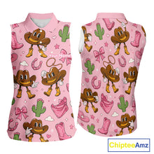 Load image into Gallery viewer, Personalized Women’s Sleeveless Western Polo Shirt Retro Pink Cowgirl Cartoon Pattern Custom Name NHT978 - Women's Sleevel...