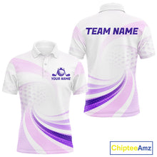 Load image into Gallery viewer, White and purple polo shirt with 'Team Name' and 'Your Name' 