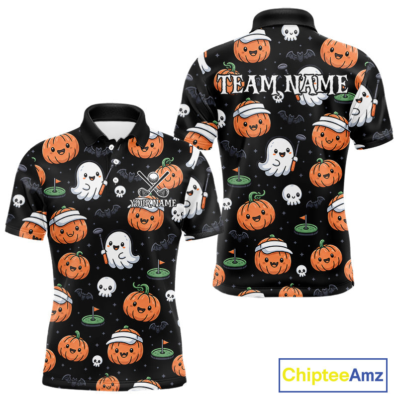 A black short-sleeve polo shirt with a Halloween-themed all-over print, shown from both front and back views. The print features orange pumpkins, white ghosts, skulls, and small green golf balls on a black background.