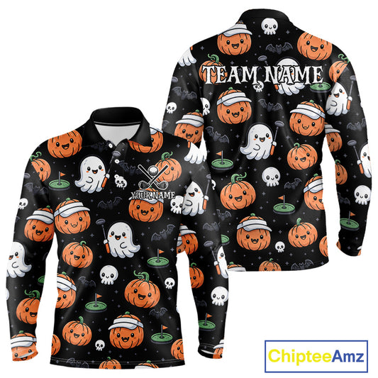 A long-sleeve polo shirt shown from both front and back on a white background. The shirt has a black base with an all-over Halloween print featuring orange pumpkins, white ghosts, and small skulls, plus a customizable 'TEAM_NAME' and 'YOURNAME' graphic on the chest.