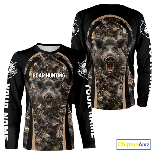 Custom Wild Hog Hunting Black Camo Forest 3D Printed Shirts, Hunting Gifts for Boar Hunter NHT262