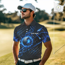 Load image into Gallery viewer, Man wearing a custom golf shirt with a blue design on a golf course