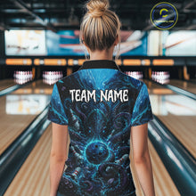 Load image into Gallery viewer, Person wearing a blue bowling shirt with 'TEAM NAME' on the back in a bowling alley.