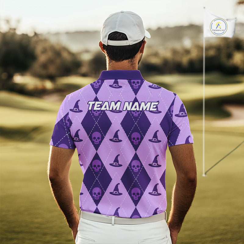 A man viewed from behind wearing a purple and lavender argyle golf shirt with skull and witch hat patterns, standing on a golf course.