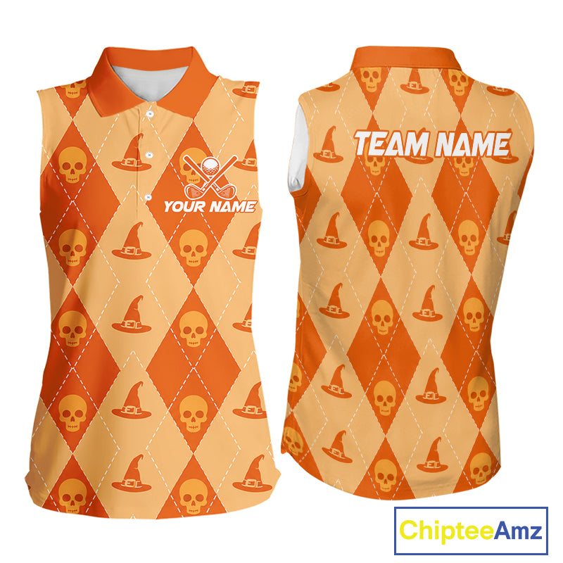 Front and back views of a sleeveless polo shirt with a Halloween-themed argyle pattern featuring orange and beige diamonds, skull and witch hat motifs, and customizable text placeholders.