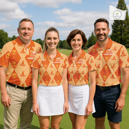 Custom Name Halloween Orange Witch Hat Men Golf Shirt, Personalized Argyle Skull Polo NHT1304