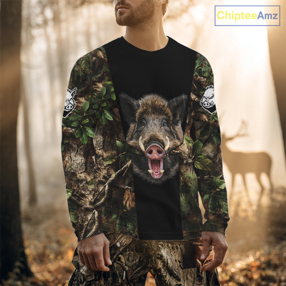 Custom Wild Boar Hunting 3D Shirt Black and Forest Camo with US Flag, Boar Hunting Gifts NHT181