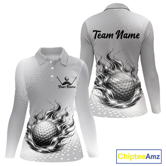 Personalized Flaming Golf Ball Womens Polo Shirt Gray Fire Design Custom Name Golf Shirts For Team NHT619