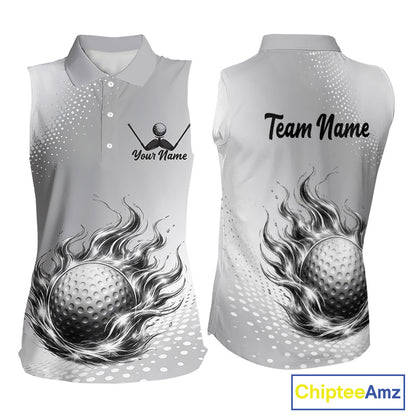 Personalized Flaming Golf Ball Sleeveless Polo Shirt Gray Fire Design Custom Name Golf Shirts For Team NHT619