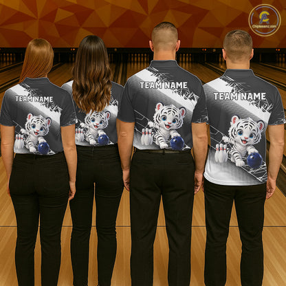 Custom White Black Cute Tiger Personalized Bowling Polo & Quarter-Zip Shirt For Women NHT1160