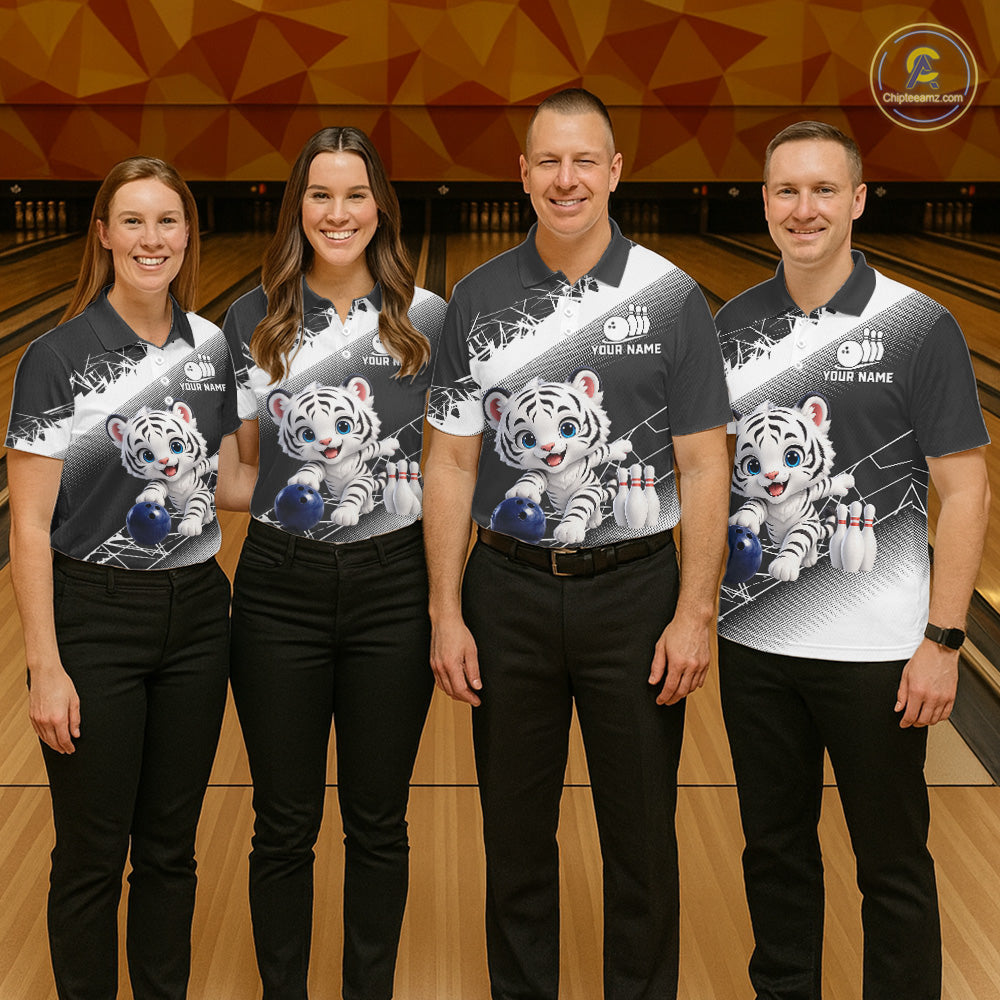 Custom White Black Cute Tiger Personalized Bowling Polo & Quarter-Zip Shirt For Women NHT1160