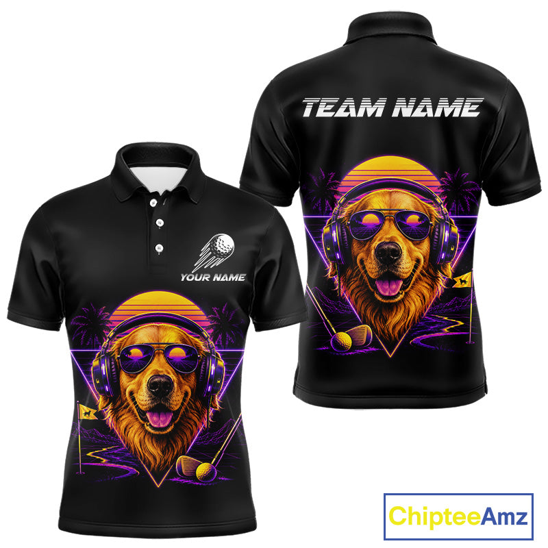 Retro Synthwave Golden Retriever Golf Polo Shirt - Funny Dog Dad Golfing Apparel