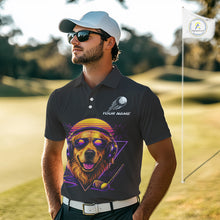 Load image into Gallery viewer, Man wearing a black polo shirt with a dog graphic on a golf course