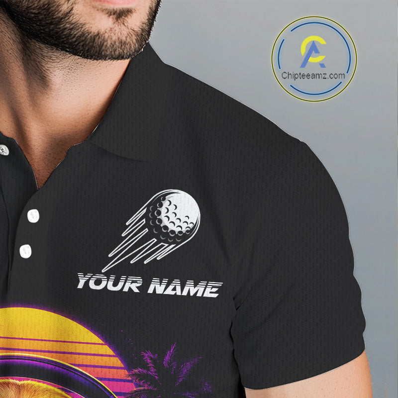Black polo shirt with golf ball design and customizable text on a gray background