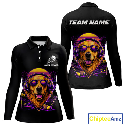 Retro Synthwave Golden Retriever Womens Golf Polo Shirt - Funny Dog Dad Golfing Apparel