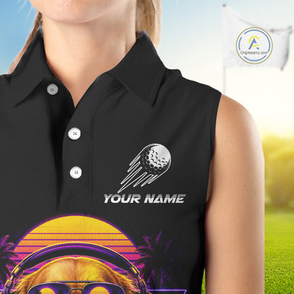 Retro Synthwave Golden Retriever Womens Sleeveless Golf Polo Shirt - Funny Dog Dad Golfing Apparel