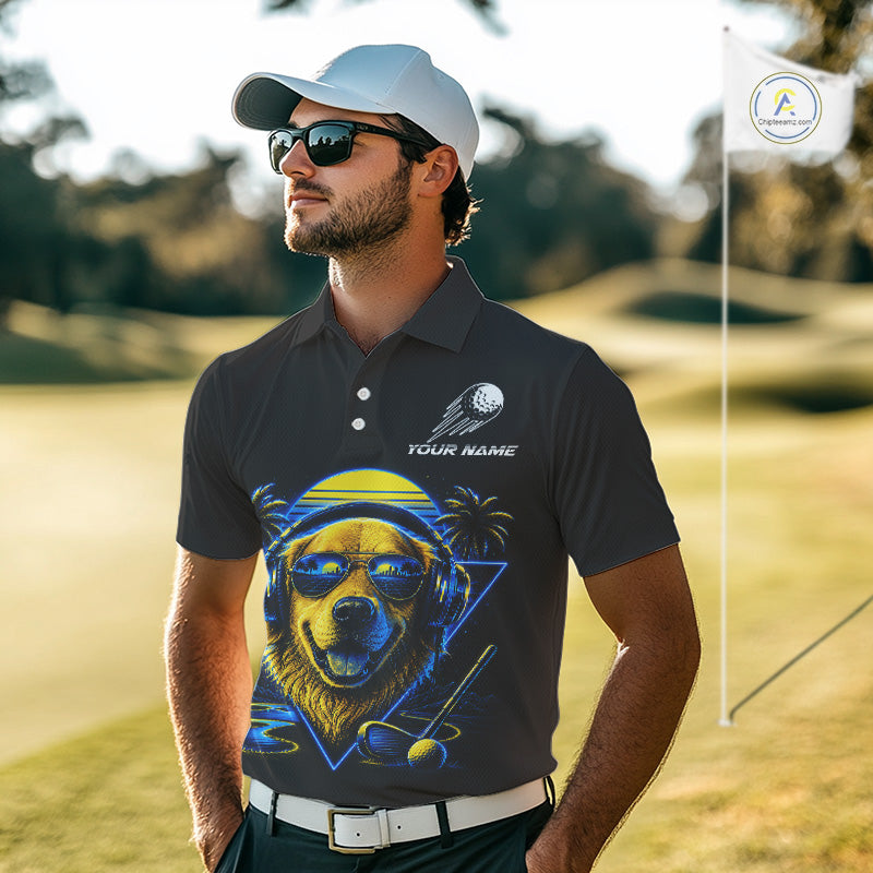 Man wearing a black polo shirt with a bear graphic on a golf course