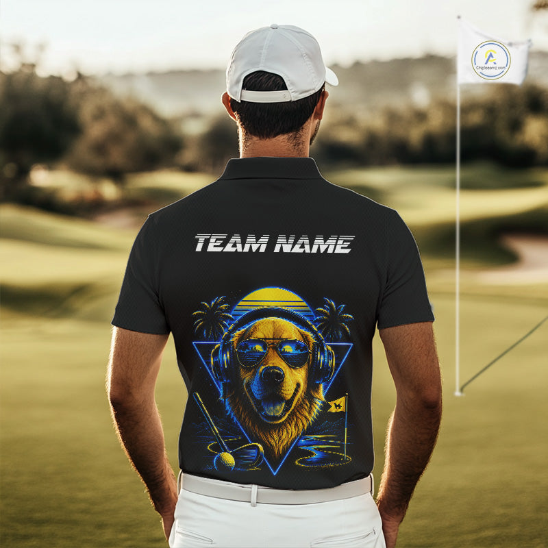 Man wearing a black polo shirt with a bear graphic on a golf course