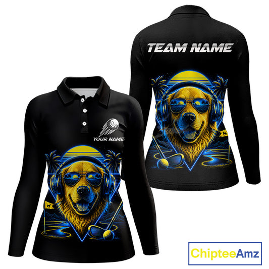 Personalized Golden Retriever Golf Shirt, Neon Blue Cyberpunk Dog Golf Polo Shirt For Womens
