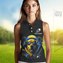 Load image into Gallery viewer, Personalized Golden Retriever Golf Shirt, Neon Blue Cyberpunk Dog Womens Sleeveless Golf Polo Shirt