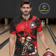 Load image into Gallery viewer, Man wearing a red and black bowling-themed shirt with a skeleton holding a beer and bowling ball in a bowling alley.