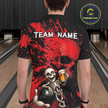 Load image into Gallery viewer, Person wearing a black and red bowling shirt with a skeleton design in a bowling alley.