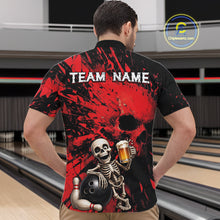 Load image into Gallery viewer, Person wearing a black and red bowling shirt with a skeleton design in a bowling alley.