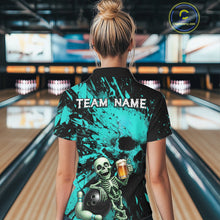 Load image into Gallery viewer, Person wearing a bowling shirt with a skeleton design and 'TEAM NAME' text in a bowling alley.