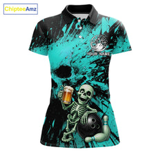 Load image into Gallery viewer, Custom Skeleton Beer Bowling Jersey, Turquoise Splatter Skull Polo &amp; Quarter-Zip Shirt Gift For Women 