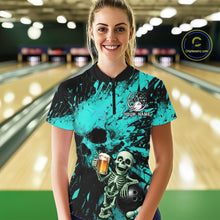 Load image into Gallery viewer, Person wearing a custom bowling shirt with a skull and skeleton design in a bowling alley.