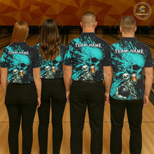 Load image into Gallery viewer, Custom Skeleton Beer Bowling Jersey, Turquoise Splatter Skull Polo &amp; Quarter-Zip Shirt Gift For Men NHT1166
