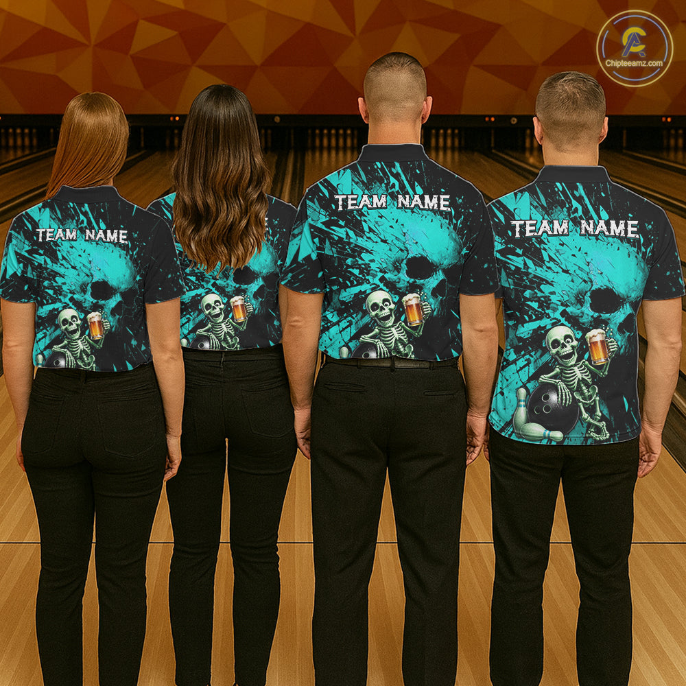 Custom Skeleton Beer Bowling Jersey, Turquoise Splatter Skull Polo & Quarter-Zip Shirt Gift For Women NHT1166