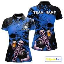 Load image into Gallery viewer, Custom Skeleton Beer Bowling Jersey, Blue Splatter Skull Polo &amp; Quarter-Zip Shirt Gift For Women 