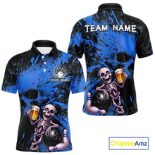 Load image into Gallery viewer, Custom Skeleton Beer Bowling Jersey, Blue Splatter Skull Polo &amp; Quarter-Zip Shirt Gift For Men 