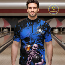 Load image into Gallery viewer, Man wearing a blue and black bowling shirt with a skeleton design in a bowling alley.