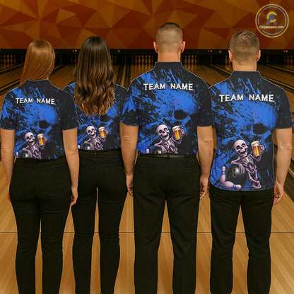 Custom Skeleton Beer Bowling Jersey, Blue Splatter Skull Polo & Quarter-Zip Shirt Gift For Women NHT1167