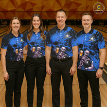 Load image into Gallery viewer, Custom Skeleton Beer Bowling Jersey, Blue Splatter Skull Polo &amp; Quarter-Zip Shirt Gift For Men NHT1167