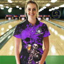 Load image into Gallery viewer, Person wearing a purple bowling shirt with a skeleton design in a bowling alley.