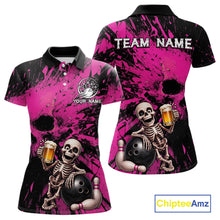 Load image into Gallery viewer, Custom Skeleton Beer Bowling Jersey, Pink Splatter Skull Polo &amp; Quarter-Zip Shirt Gift For Women 