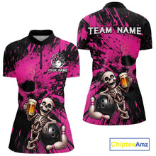 Load image into Gallery viewer, Custom Skeleton Beer Bowling Jersey, Pink Splatter Skull Polo &amp; Quarter-Zip Shirt Gift For Women 