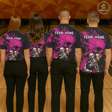 Load image into Gallery viewer, Custom Skeleton Beer Bowling Jersey, Pink Splatter Skull Polo &amp; Quarter-Zip Shirt Gift For Women NHT1169